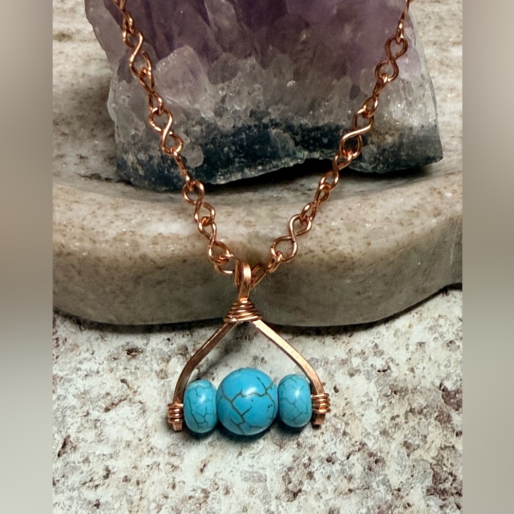 Handmade Turquoise Copper Wishbone Pendant Necklace - Picture 2 of 7